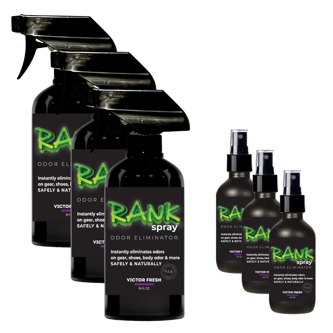 RANK Spray Odor Eliminator is designed to tackle odors lingering in all sports equipment. Get the funky, sweaty, musty, rank smell out of jerseys, cleats, helmets, football pads, yoga mats, workout clothes, ice skates, and more! Having an active lifestyle doesn’t mean you have to live with athletic gear that stinks.