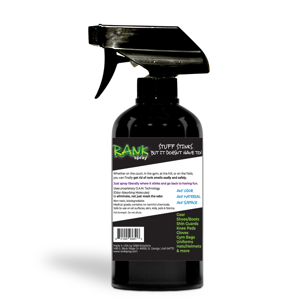 RANK Spray Odor Eliminator is designed to tackle odors lingering in all sports equipment. Get the funky, sweaty, musty, rank smell out of jerseys, cleats, helmets, football pads, yoga mats, workout clothes, ice skates, and more! Having an active lifestyle doesn’t mean you have to live with athletic gear that stinks. 